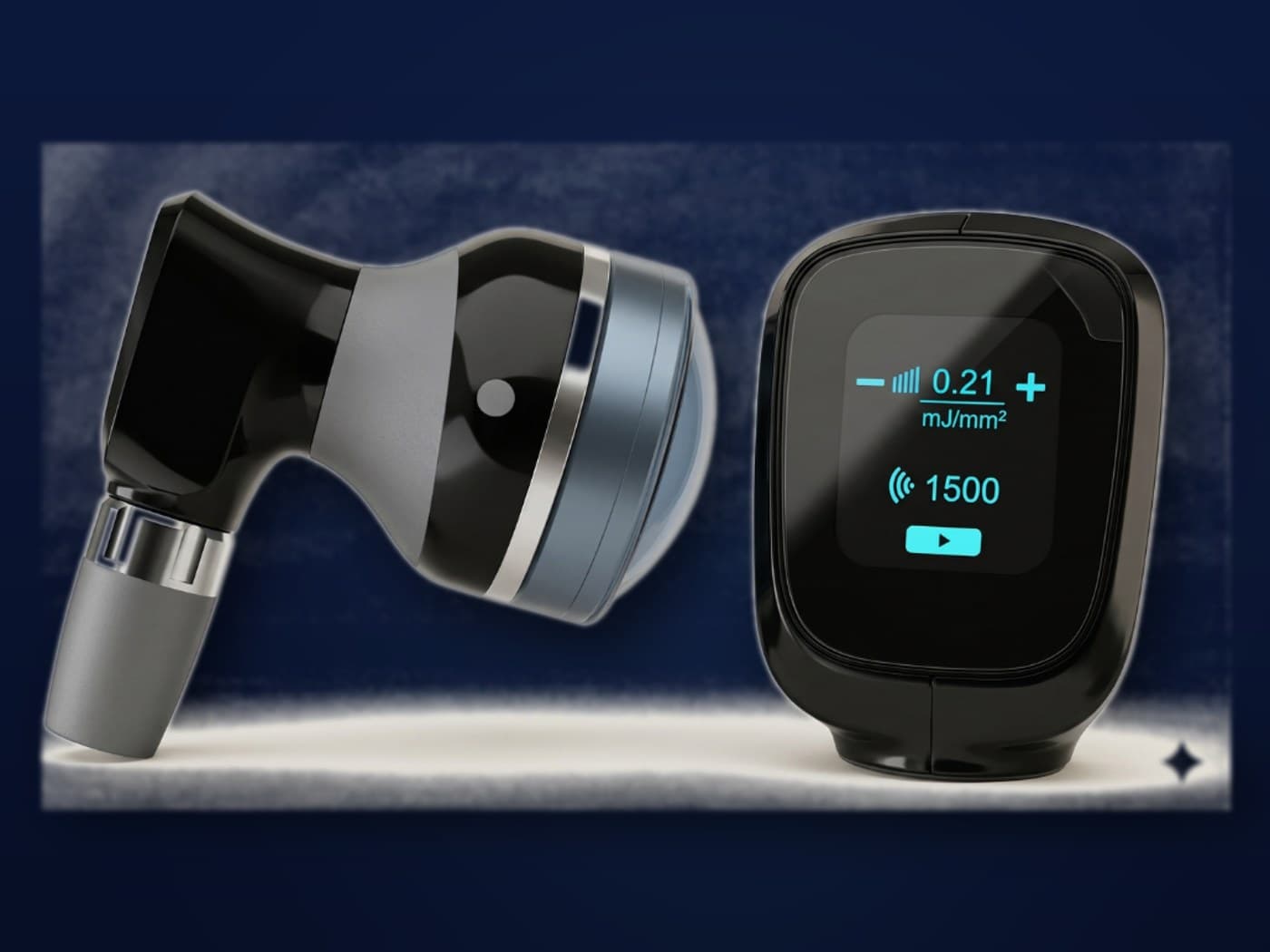 The FOCUS Shockwave handpiece — cream body with navy accent ring, silver treatment tip, and connecting cord